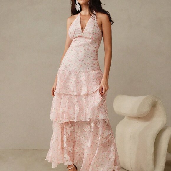 White Elegant Women's Romantic V-Neck Backless Floral Ruffle Dress - Picture 4 of 7